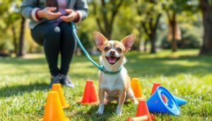 a dog sitting on grass with a woman in the background