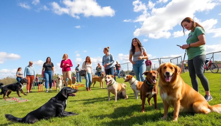 a group of people with dogs