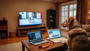 a dog sitting on a table with laptops